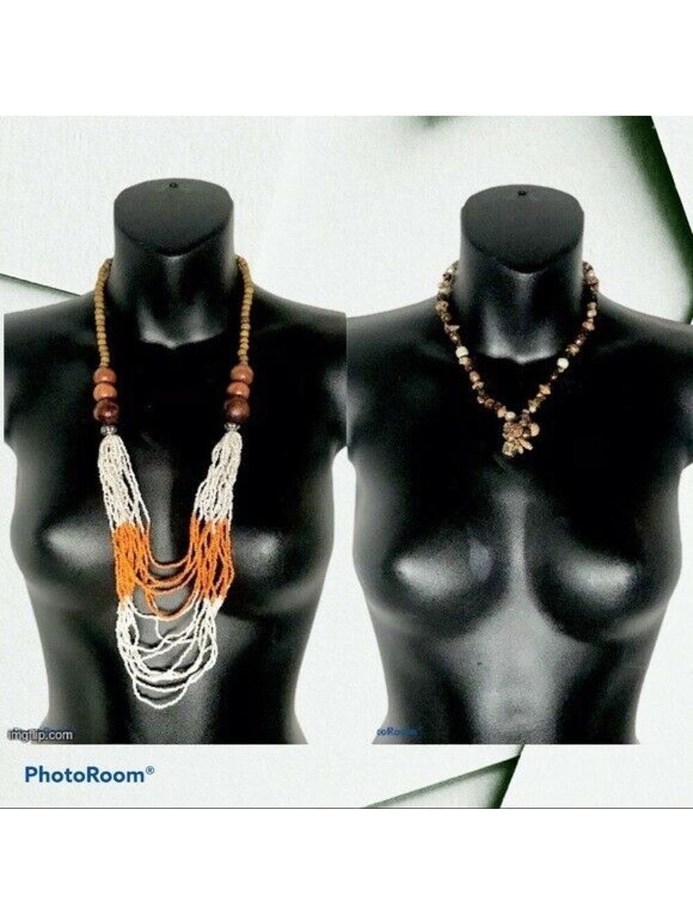 3/$20 Bundle 2 Brown Wood Bead & Stone Necklaces Orange White Fashion Jewelry